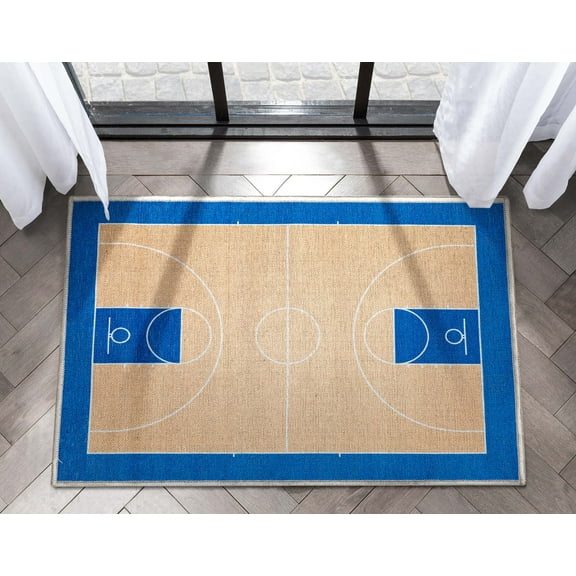 Well Woven Apollo Basketball Sports Court Tan Blue Flat-Weave Easy to Clean 2' x 3' Area Rug