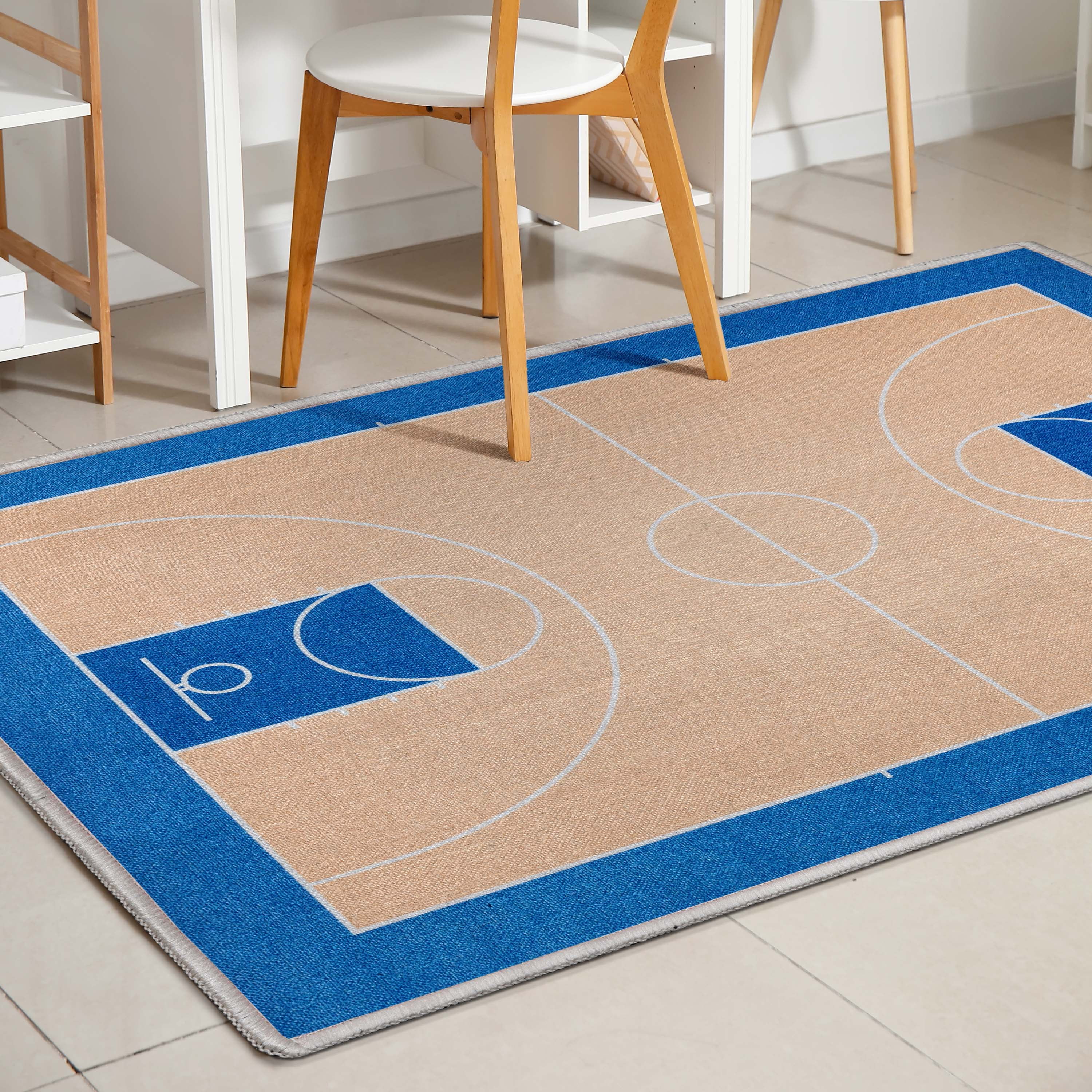 Well Woven Apollo Basketball Sports Court Tan Blue Flat-Weave Easy to Clean 3'3" x 5' Area Rug