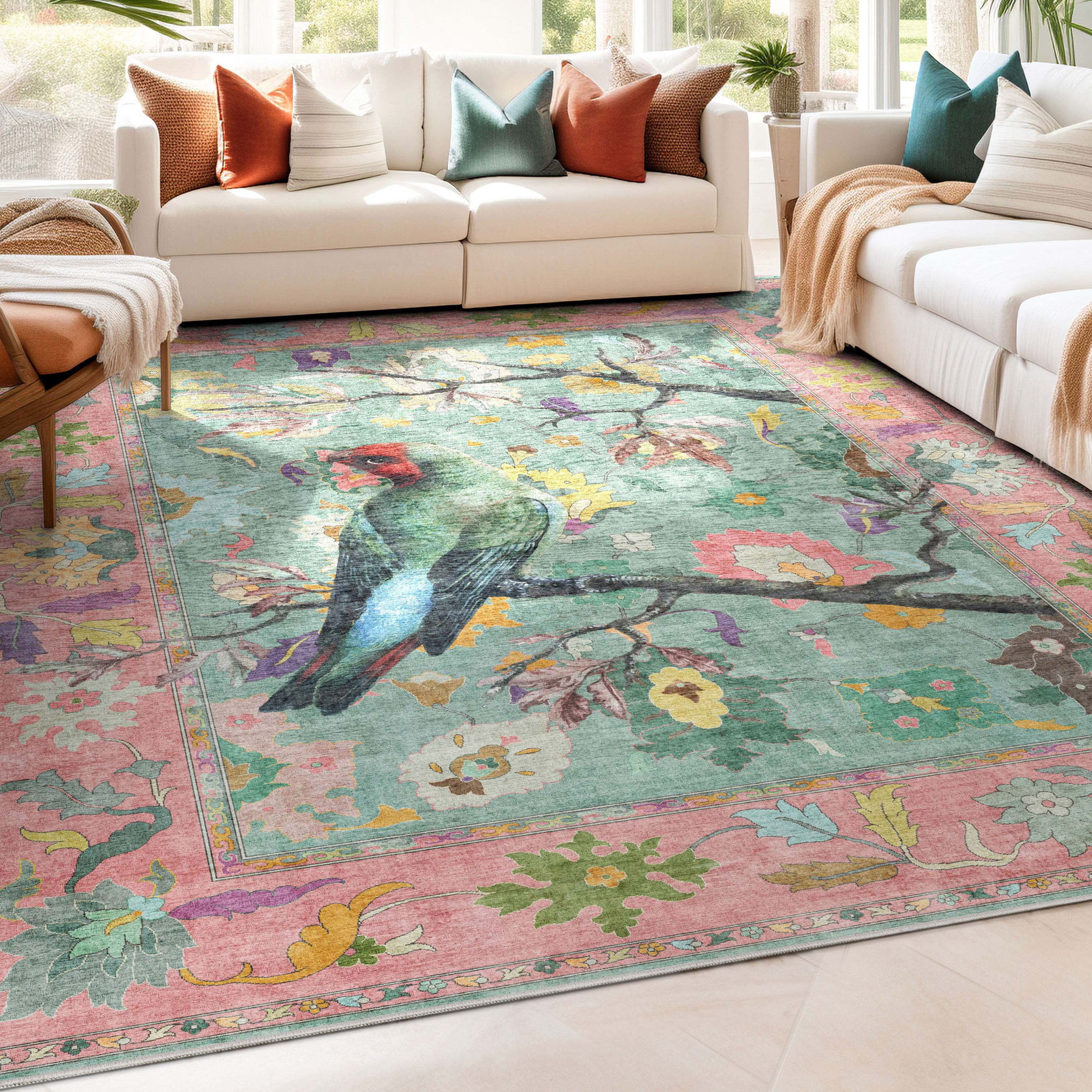 Botanical Birds Green Multi 5'3" x 7'3" Synthetic Area Rug