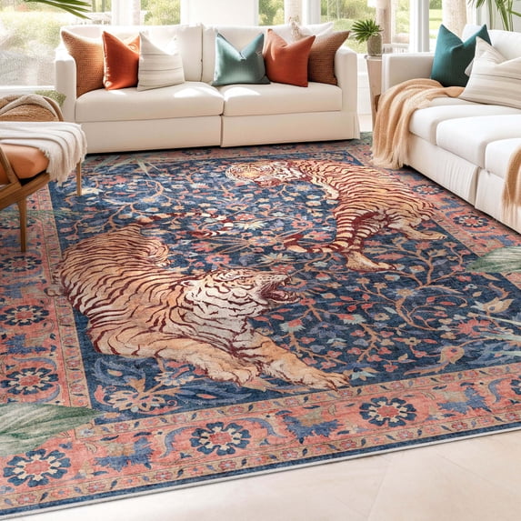Well Woven Apollo Botanical Tiger Modern Multi Navy 7'10" x 9'10" Area Rug for Living Room Dining Room Bedroom and Kitchen