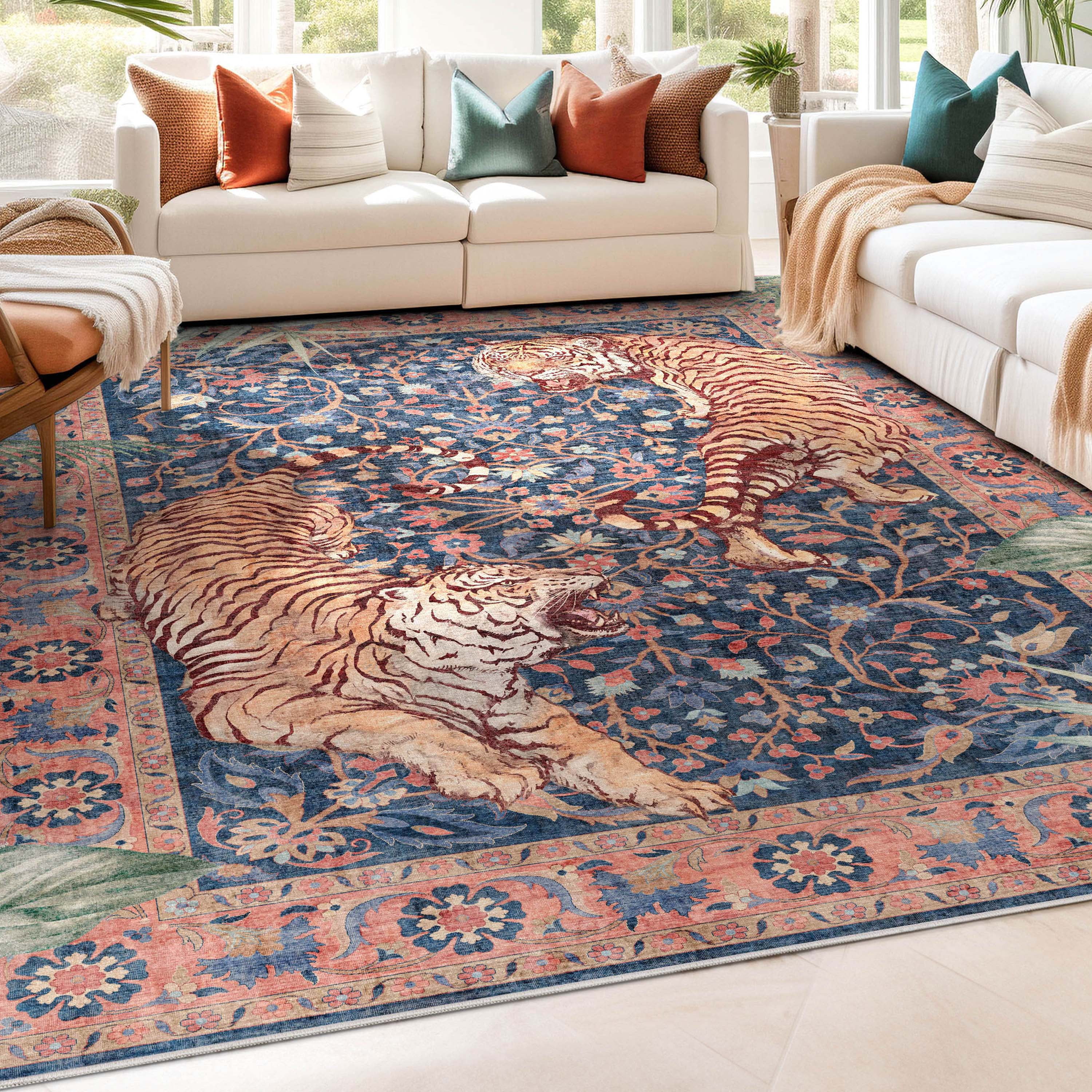 Large Navy and Multicolor Synthetic Tiger Print Area Rug