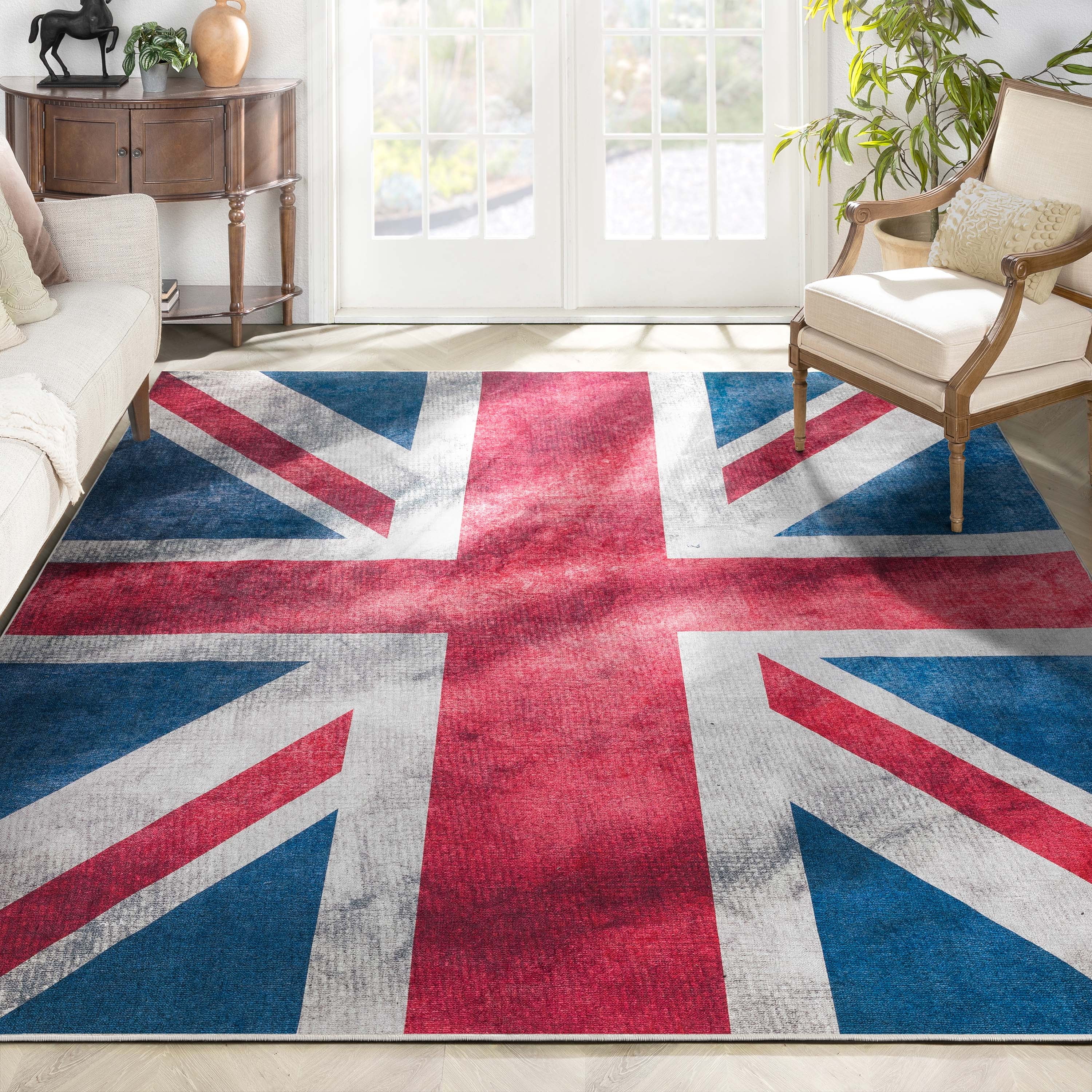 Well Woven Apollo British Flag Union Jack Royal Flag Vintage Red Blue White Flat-Weave Easy to Clean 7'7" x 9'10" Area Rug