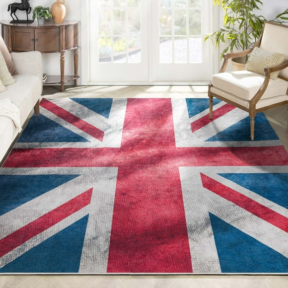 Well Woven Apollo British Flag Union Jack Royal Flag Vintage Red Blue White Flat-Weave Easy to Clean 7'7" x 9'10" Area Rug