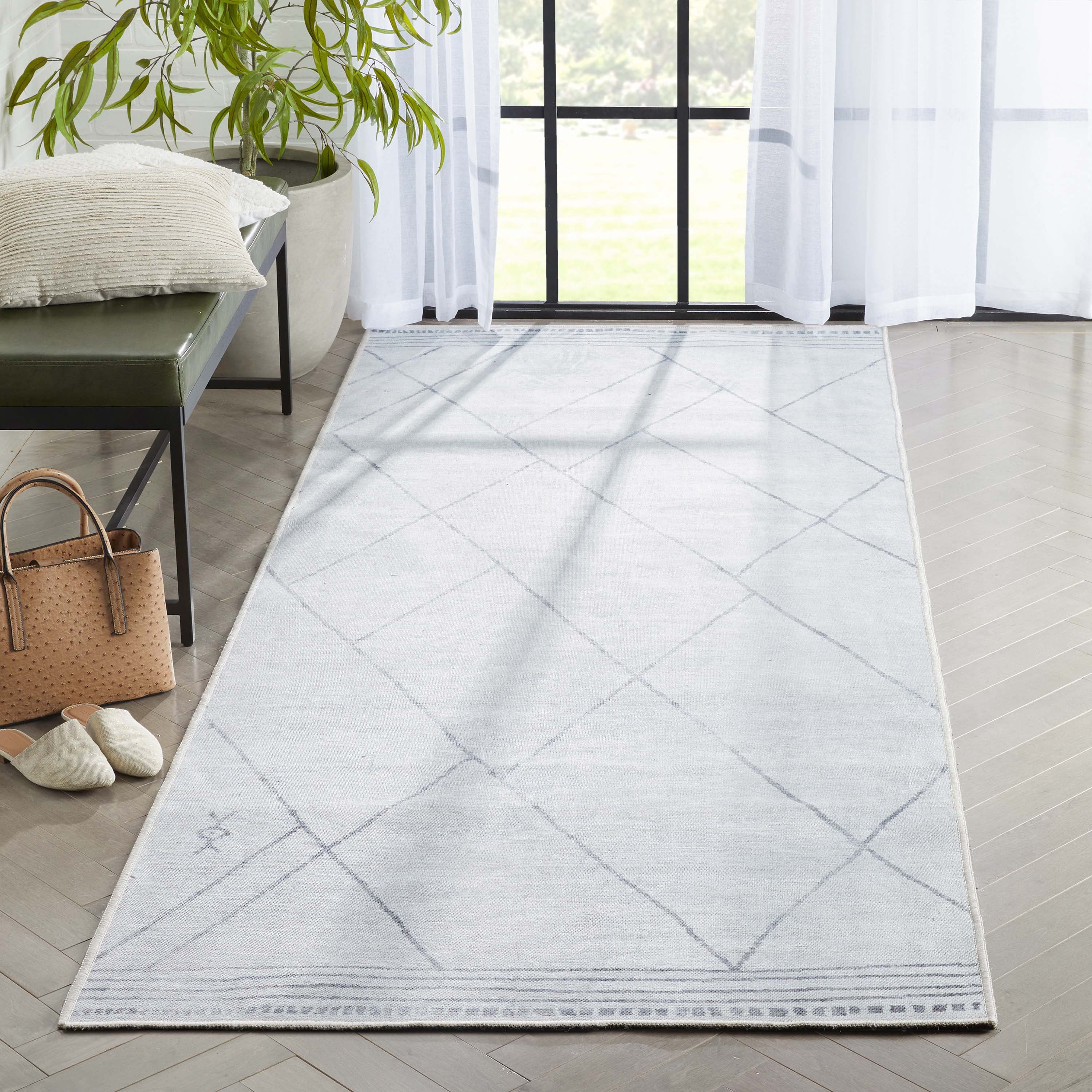 Well Woven Apollo Bryn Moroccan Lattice Ivory Grey Flat Pile Easy to Clean 3'11" x 9'10" Runner Rug for Living Room Dining Room Bedroom and Kitchen