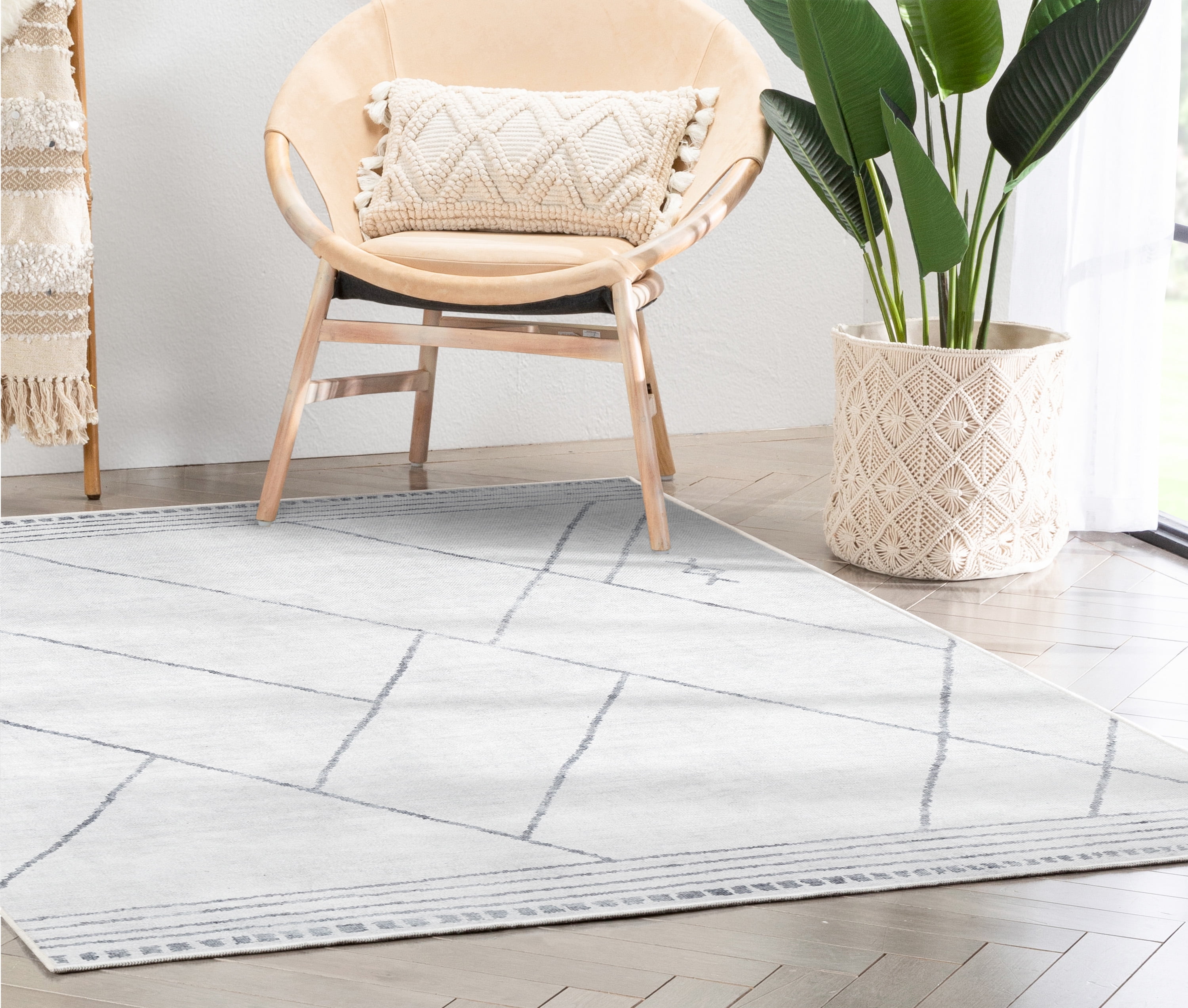 Well Woven Apollo Bryn Moroccan Lattice Ivory Grey Flat Pile Easy to Clean 5' x 7' Area Rug for Living Room Dining Room Bedroom and Kitchen
