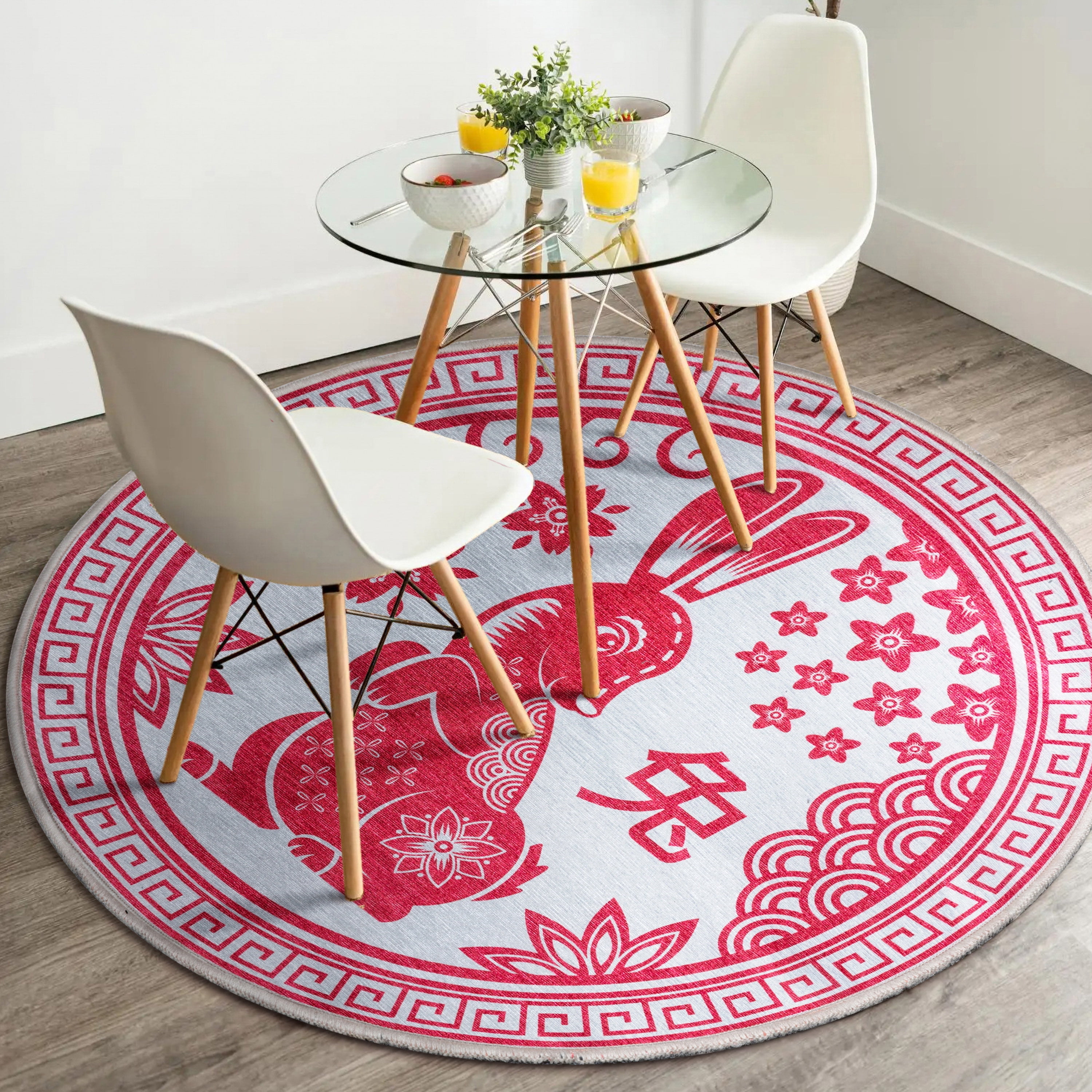 Well Woven Apollo Chinese Calendar Modern Novelty Red 3'3" Round Easy Clean Lunar Year of the Rabbit Rug