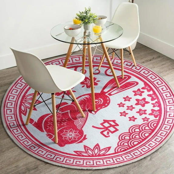 Well Woven Apollo Chinese Calendar Modern Novelty Red 3'3" Round Easy Clean Lunar Year of the Rabbit Rug