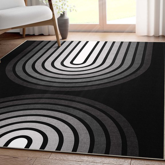 Well Woven Apollo Duo Arch Mid-Century Modern Black Flat Pile Easy to Clean 5'3" x 7'3" Area Rug for Living Room Dining Room Bedroom and Kitchen