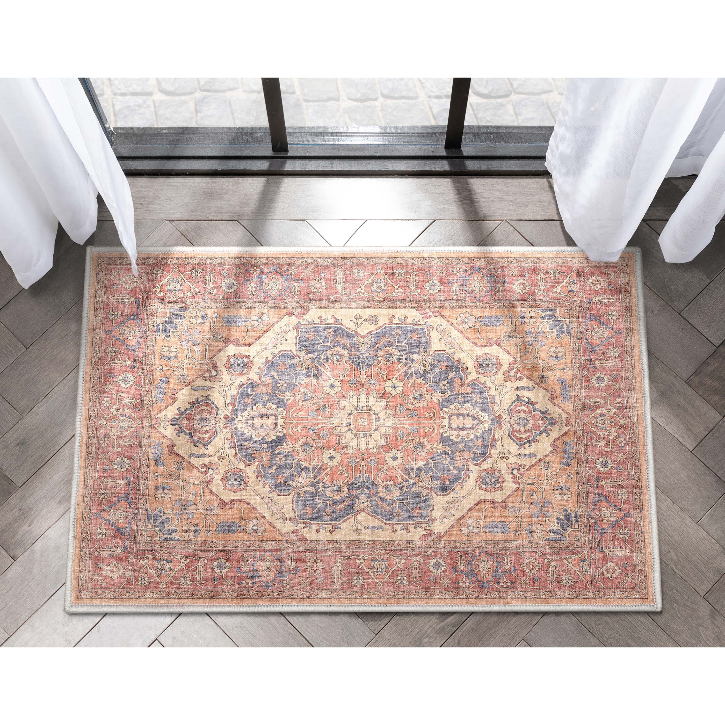Red Chenille Flat Woven Stain-Resistant Washable Rug