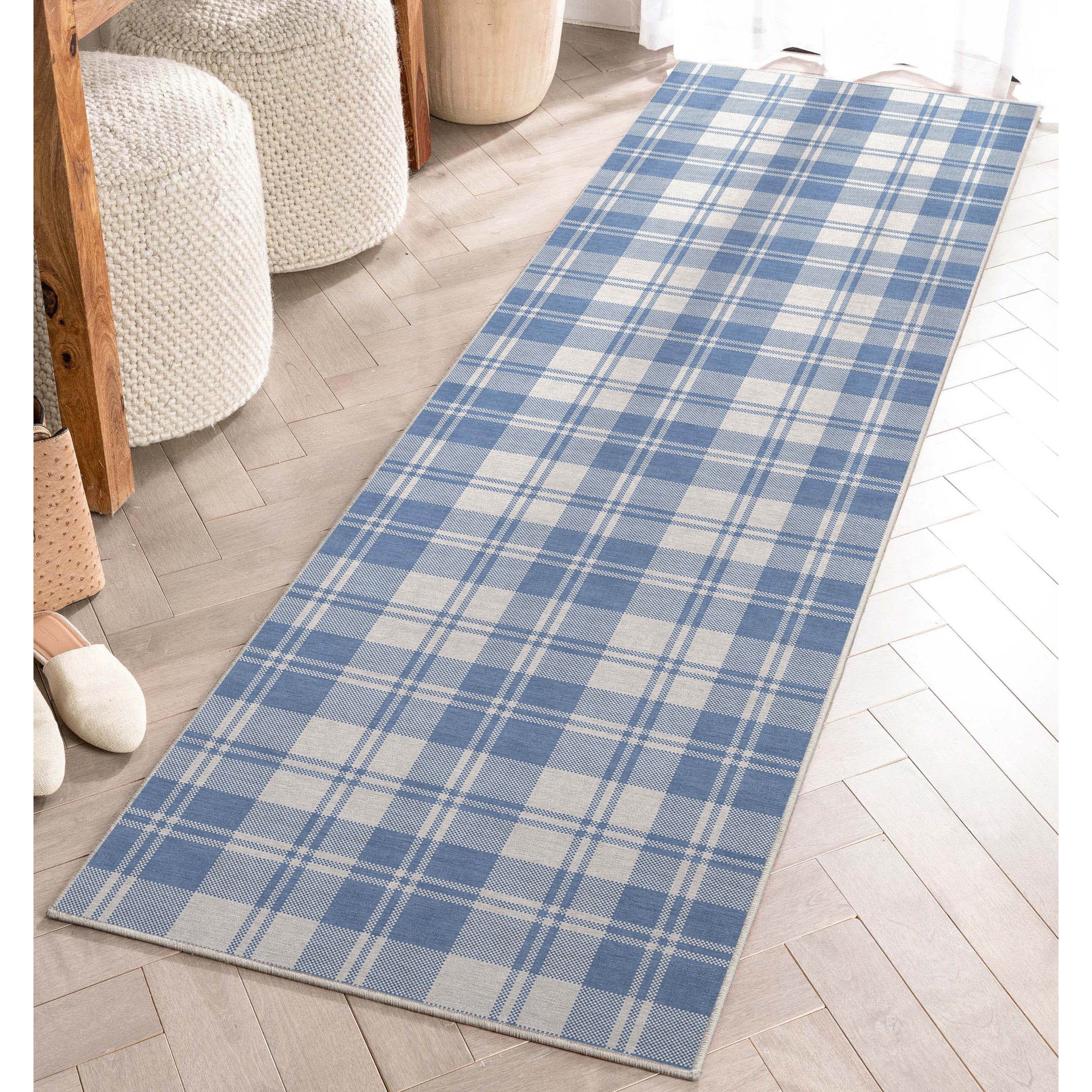 Well Woven Apollo Flatwoven Plaid Blue 2'3" x 7'3" Runner Rug