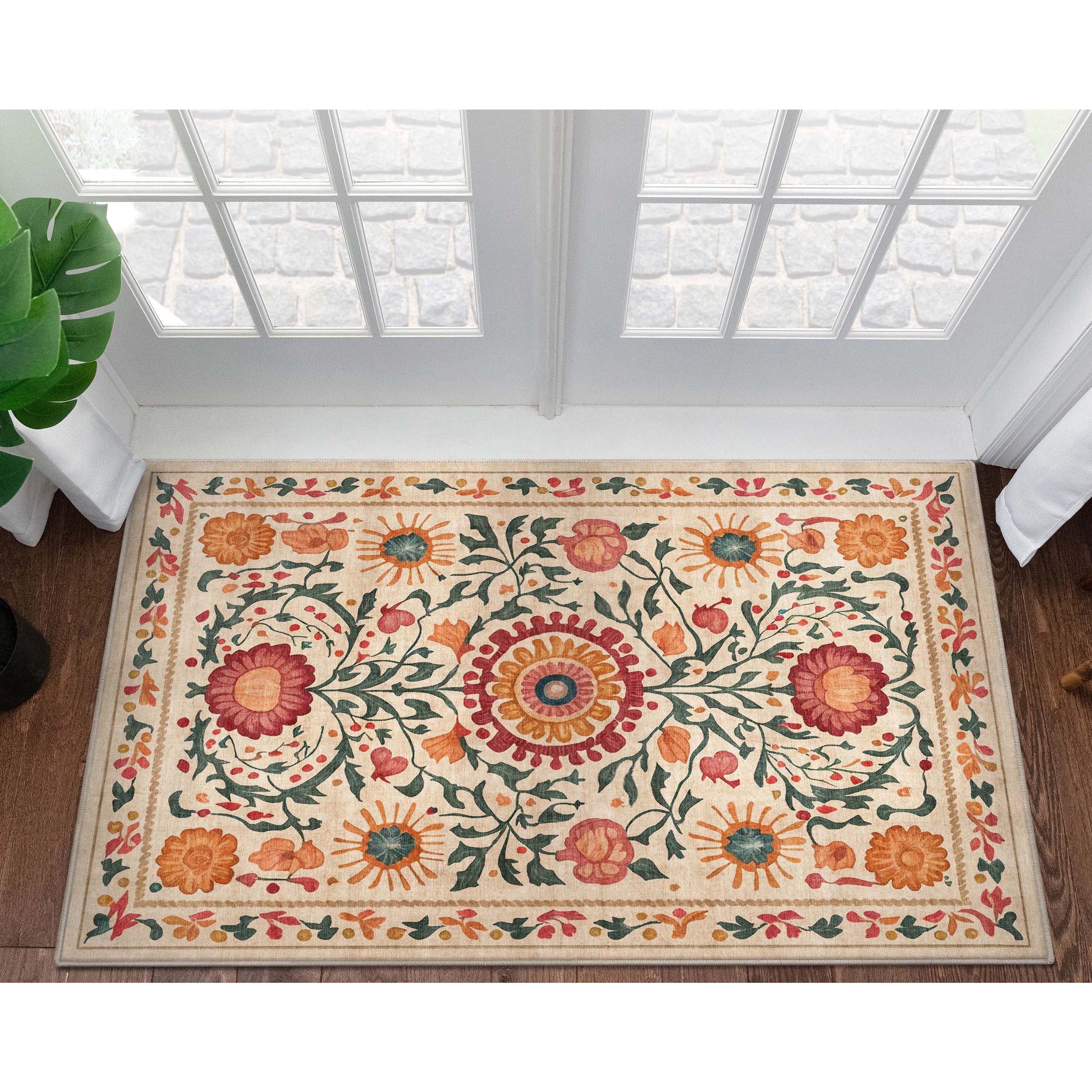 Suzani Beige 3'3" x 5' Floral Chenille Area Rug