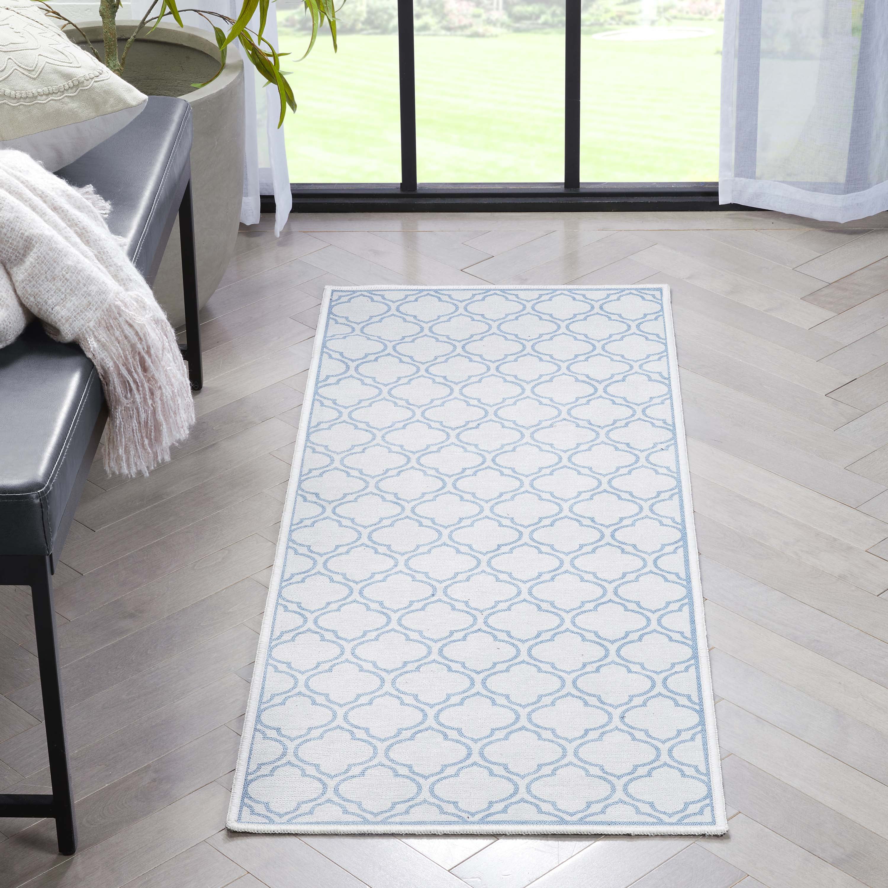 Apollo Trellis Ivory and Dark Blue Washable Chenille Runner Rug