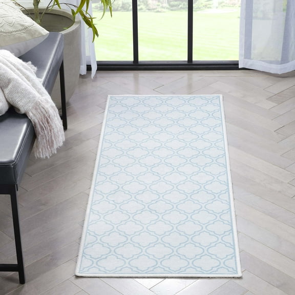 Well Woven Apollo Lattice Modern Moroccan Ivory Light Blue 2' x 5' Runner Machine Washable Rug