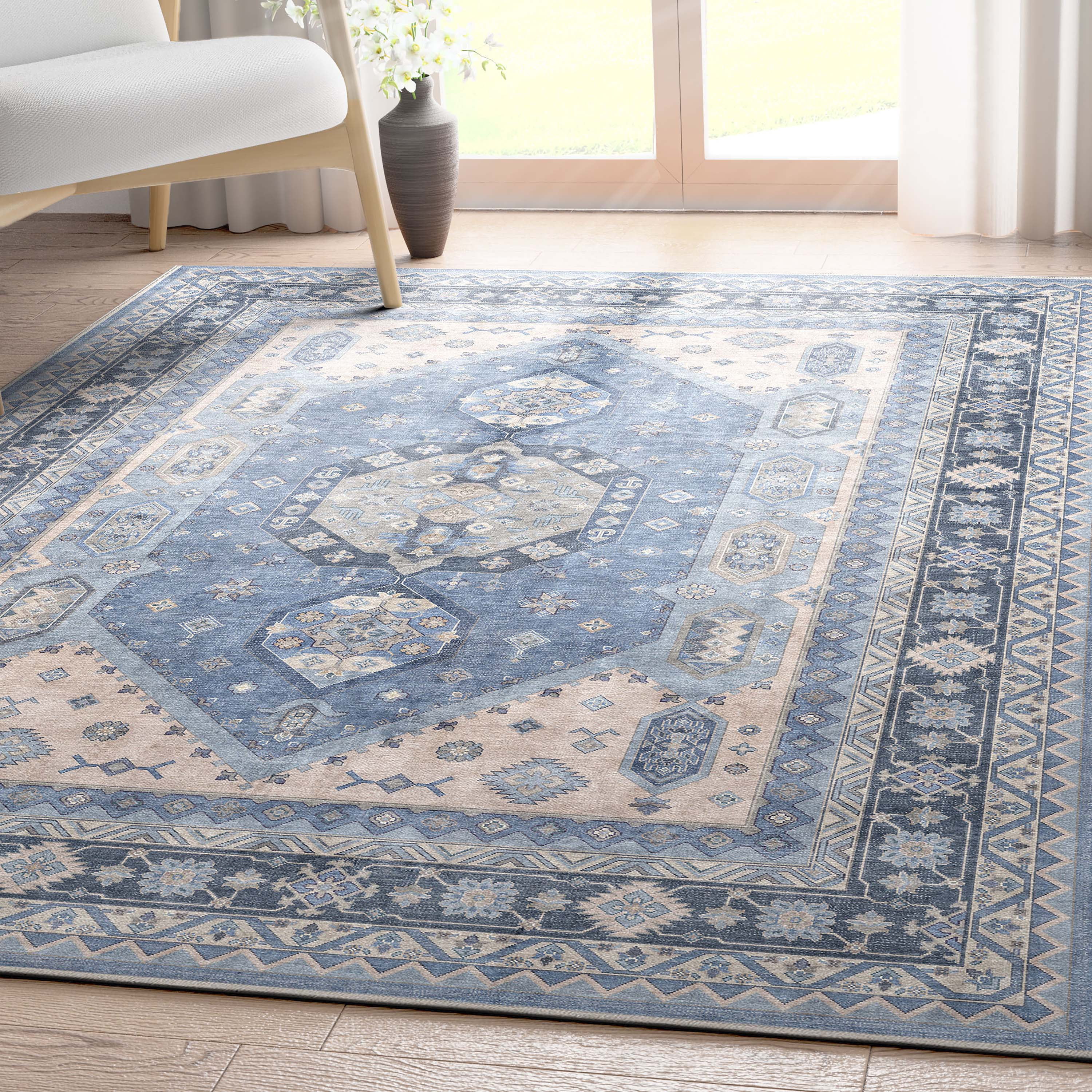 Well Woven Apollo Nicosia Vintage Medallion Blue Flat-Weave Easy to Clean 5'3" x 7'3" Area Rug