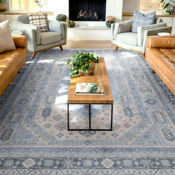 Well Woven Apollo Nicosia Vintage Medallion Blue Flat-Weave Easy to Clean 7'7" x 9'10" Area Rug