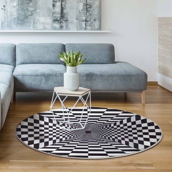 Well Woven Apollo Optical Illusion Modern Checkered Black Ivory Printed Distressed Machine Washable 6'7" Round Rug