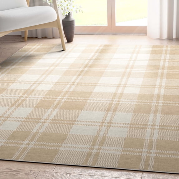 Well Woven Apollo Plaid Modern Beige Brown Flat Pile Easy to Clean 7'7" x 9'10" Area Rug for Living Room Dining Room Bedroom and Kitchen