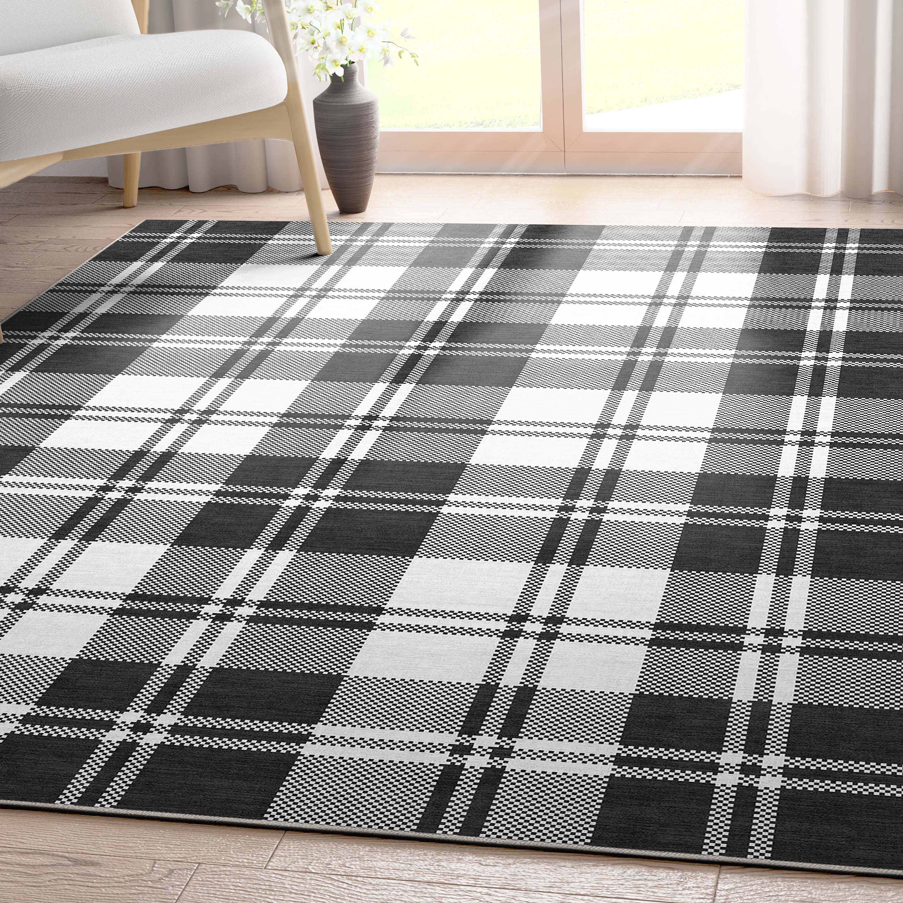 Well Woven Apollo Plaid Modern Black Flat Pile Easy to Clean 7'7" x 9'10" Area Rug for Living Room Dining Room Bedroom and Kitchen