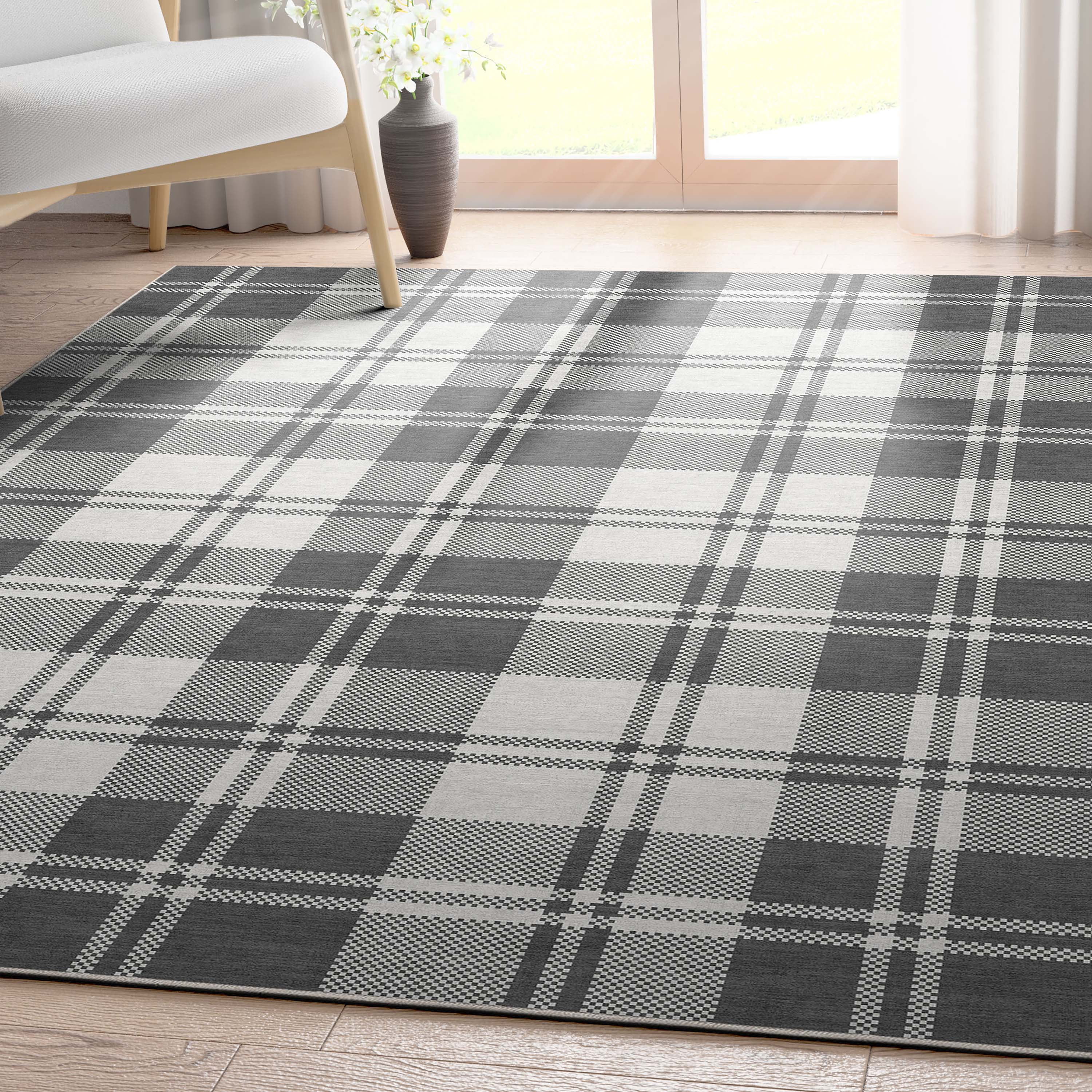 Well Woven Apollo Plaid Modern Dark Grey Flat Pile Easy to Clean 7'7" x 9'10" Area Rug for Living Room Dining Room Bedroom and Kitchen