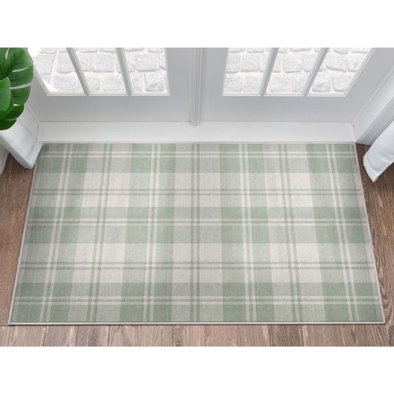Well Woven Apollo Plaid Modern Green Flat Pile Easy to Clean 3'3" x 5' Area Rug for Living Room Dining Room Bedroom and Kitchen