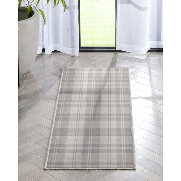 Well Woven Apollo Plaid Modern Light Grey Flat Pile Easy to Clean 2' x 5' Runner Rug for Hallway Entryway Stair and Kitchen