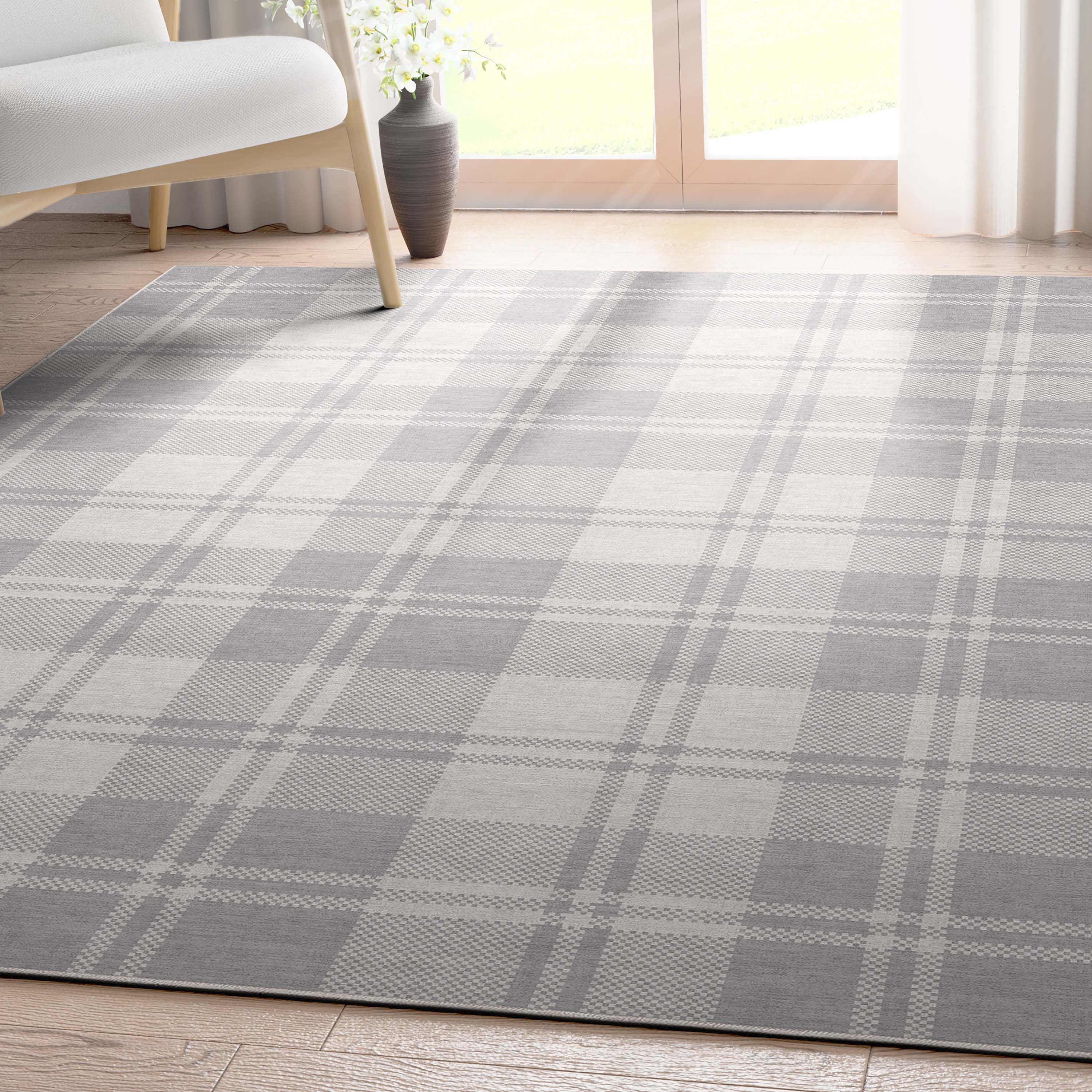 Well Woven Apollo Plaid Modern Light Grey Flat Pile Easy to Clean 7'7" x 9'10" Area Rug for Living Room Dining Room Bedroom and Kitchen