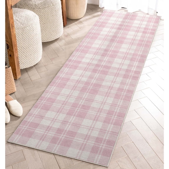 Well Woven Apollo Plaid Modern Pink Flat Pile Easy to Clean 2'3" x 7'3" Runner Rug for Living Room Stairs Hallway and Kitchen