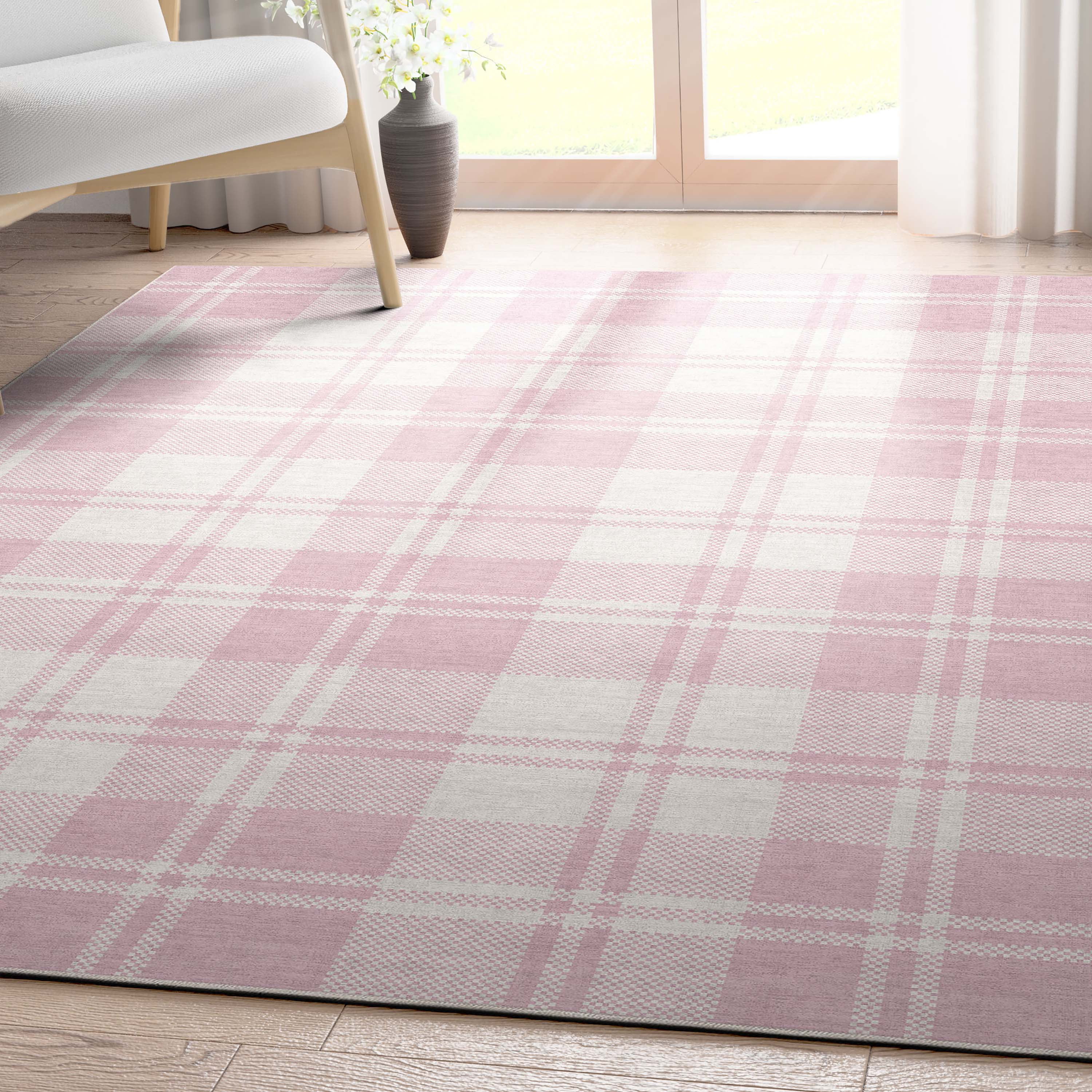 Well Woven Apollo Plaid Modern Pink Flat Pile Easy to Clean 7'7" x 9'10 ...