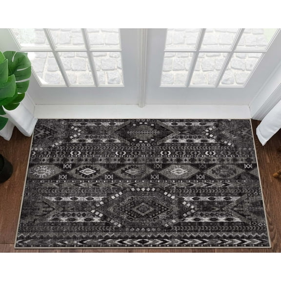 Well Woven Apollo Rodeo Vintage Medallion Tribal Black Grey Flat Pile Easy to Clean 3'3" x 5' Area Rug for Living Room Dining Room Bedroom and Kitchen