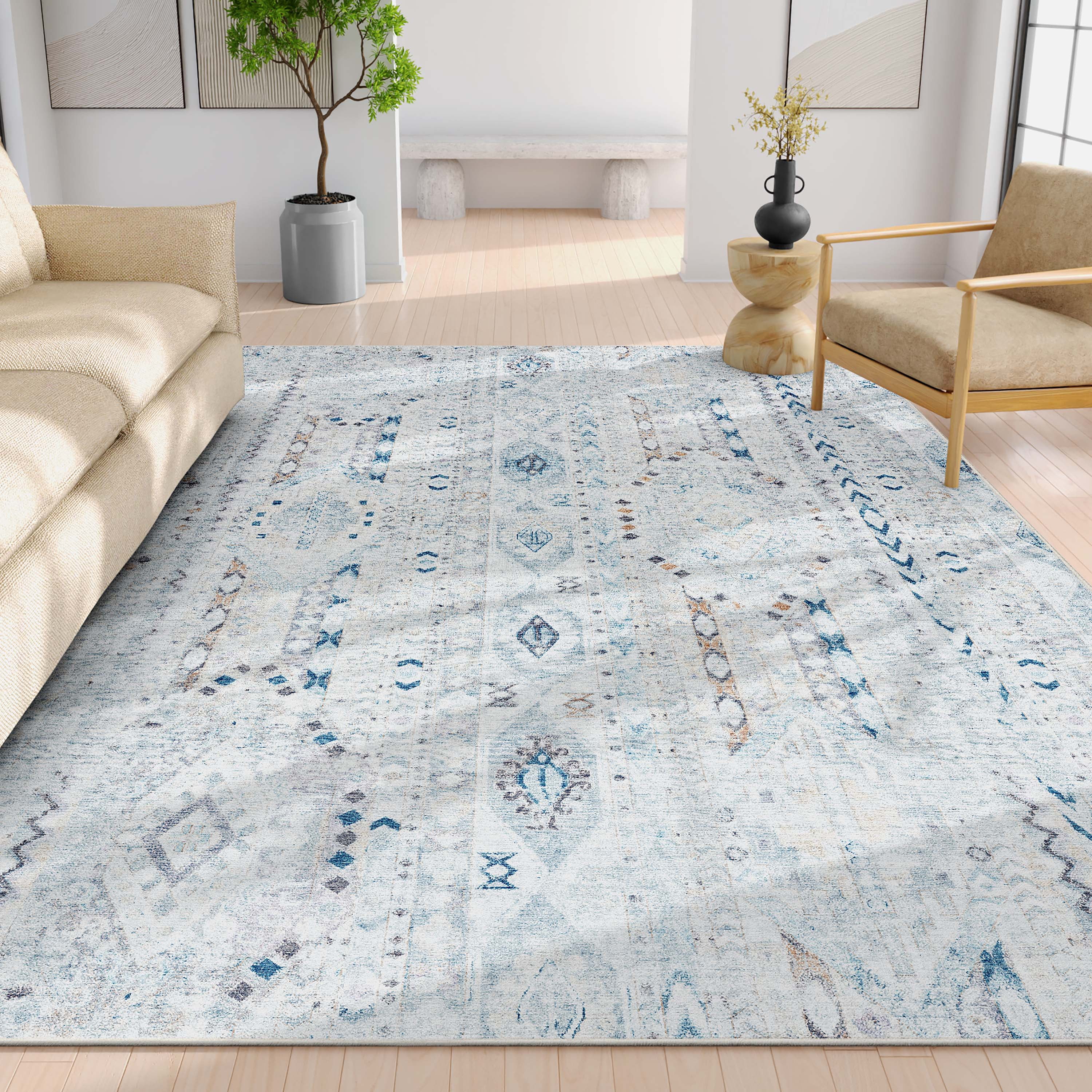 Well Woven Apollo Rodeo Vintage Medallion Tribal Blue Flat Pile Easy to Clean 5'3" x 7'3" Area Rug for Living Room Dining Room Bedroom and Kitchen