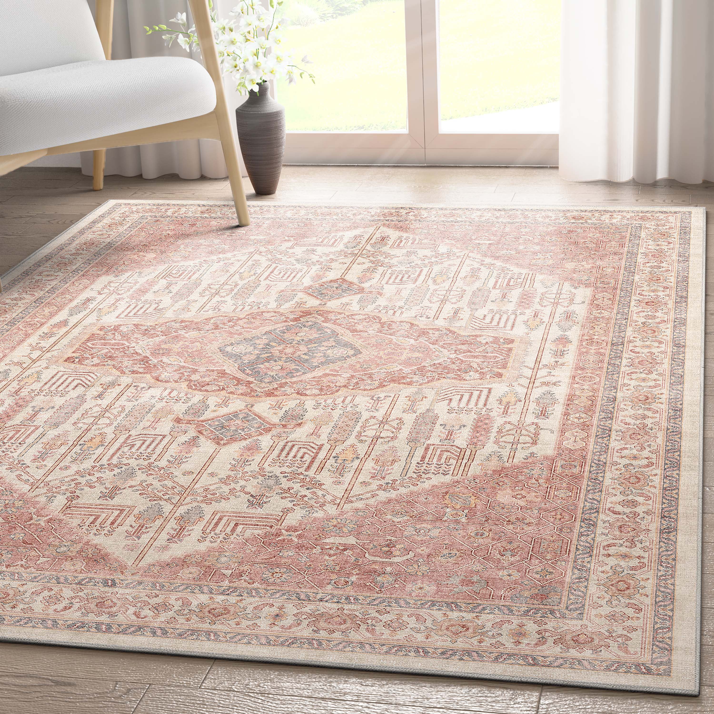 Well Woven Apollo San Marino Vintage Oriental Beige Coral Flatweave 5'3" x 7'3" Area Rug