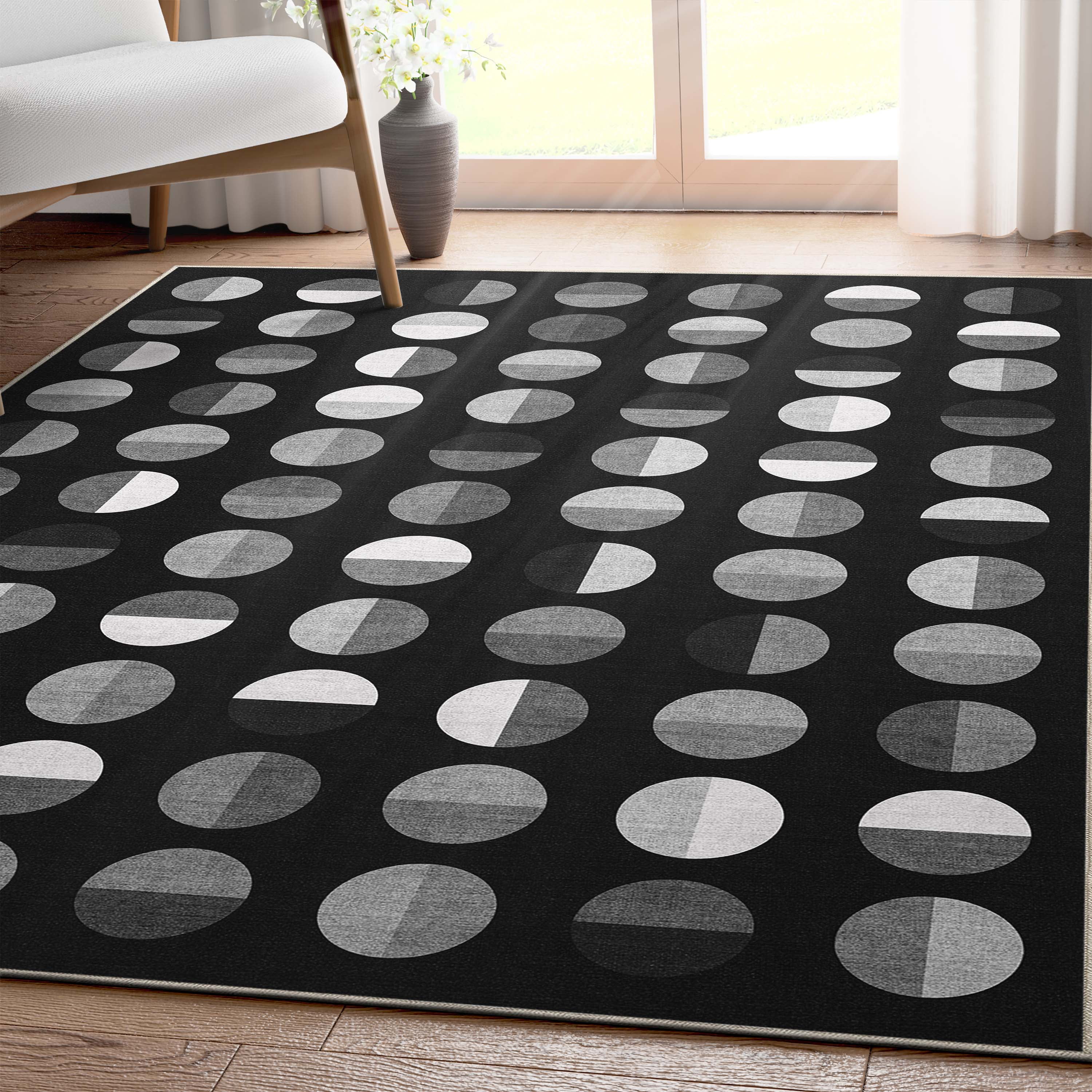 Well Woven Apollo Split Dot Mid-Century Modern Black Flat Pile Easy to Clean 5'3" x 7'3" Area Rug for Living Room Dining Room Bedroom and Kitchen