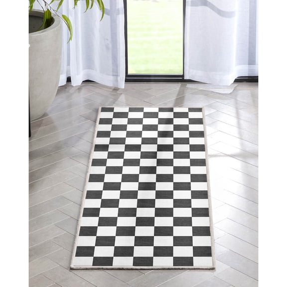 Well Woven Apollo Square Modern Geometric Black Flat Pile Easy to Clean 2' x 5' Runner Rug for Hallway Entryway Stair and Kitchen