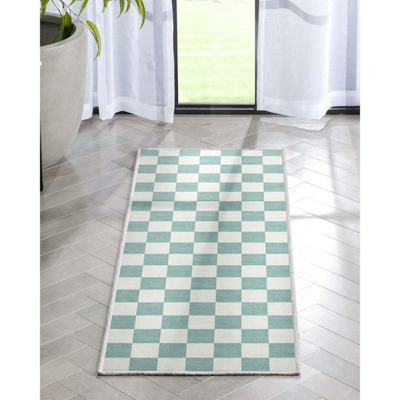 Well Woven Apollo Square Modern Geometric Green Flat Pile Easy to Clean 2' x 5' Runner Rug for Hallway Entryway Stair and Kitchen