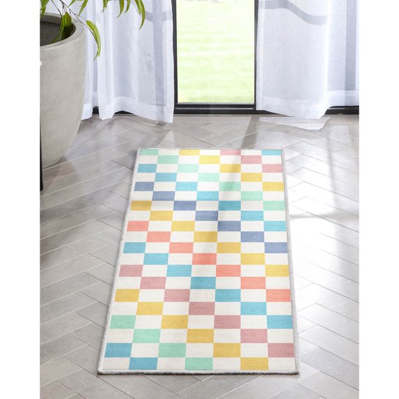 Well Woven Apollo Square Modern Geometric Multi Blue Flat Pile Easy to Clean 2' x 5' Runner Rug for Hallway Entryway Stair and Kitchen