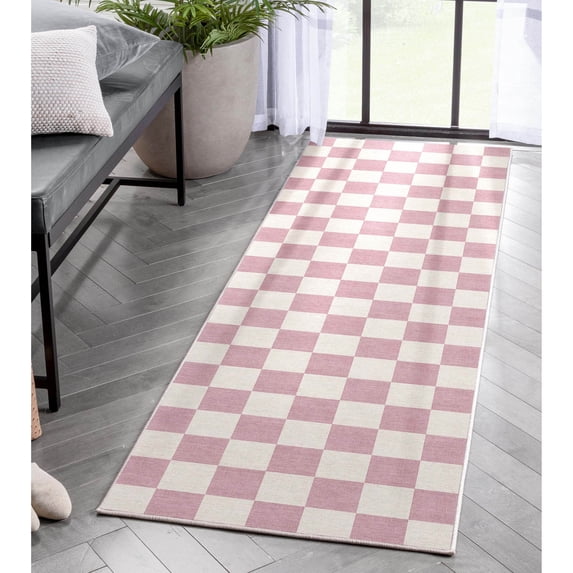 Well Woven Apollo Square Modern Geometric Pink Flat Pile Easy to Clean 2'3" x 7'3" Runner Rug for Living Room Stairs Hallway and Kitchen