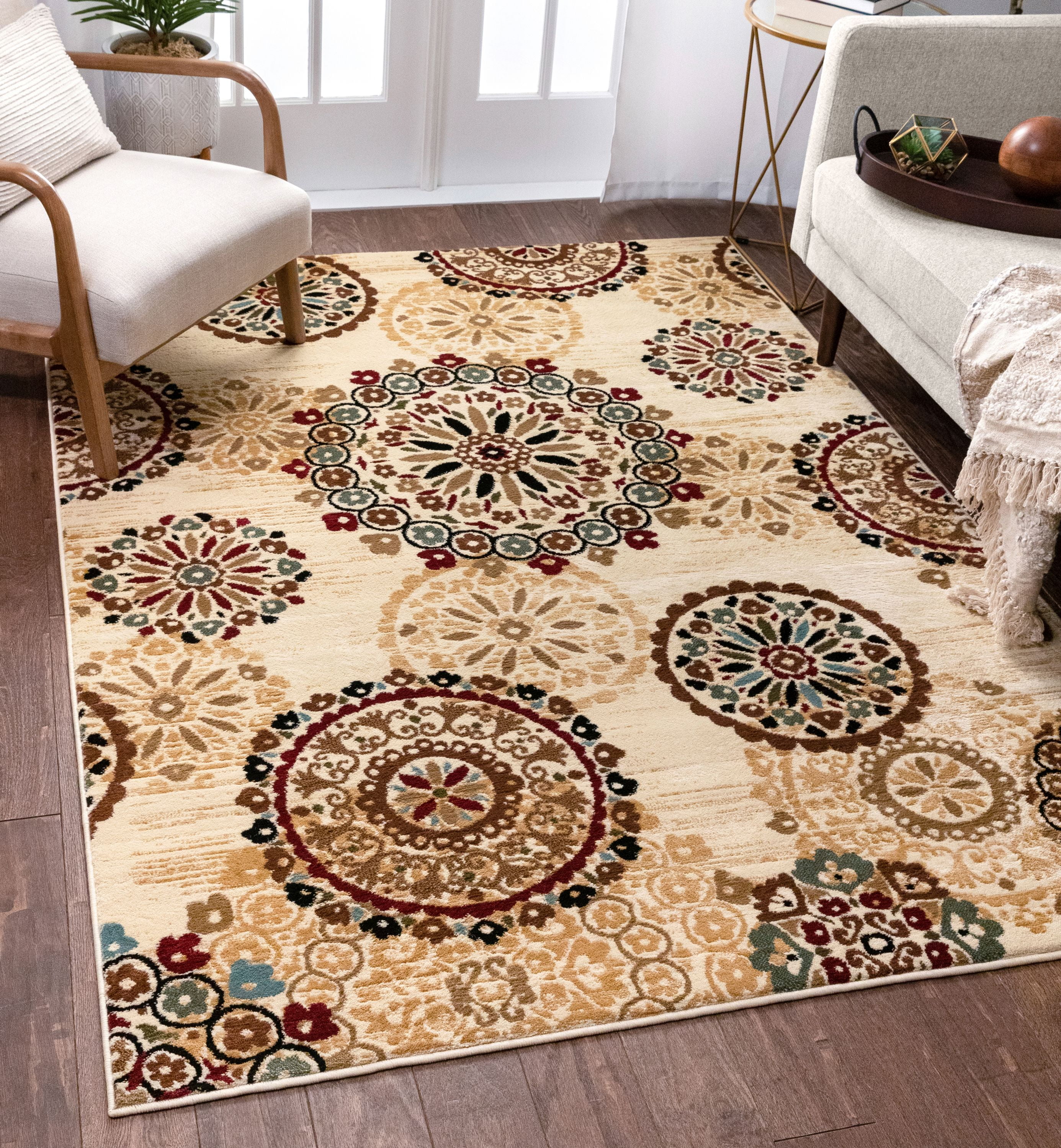 Suzani Beige Floral Chenille Rectangular Washable Area Rug 9'10" x 13'