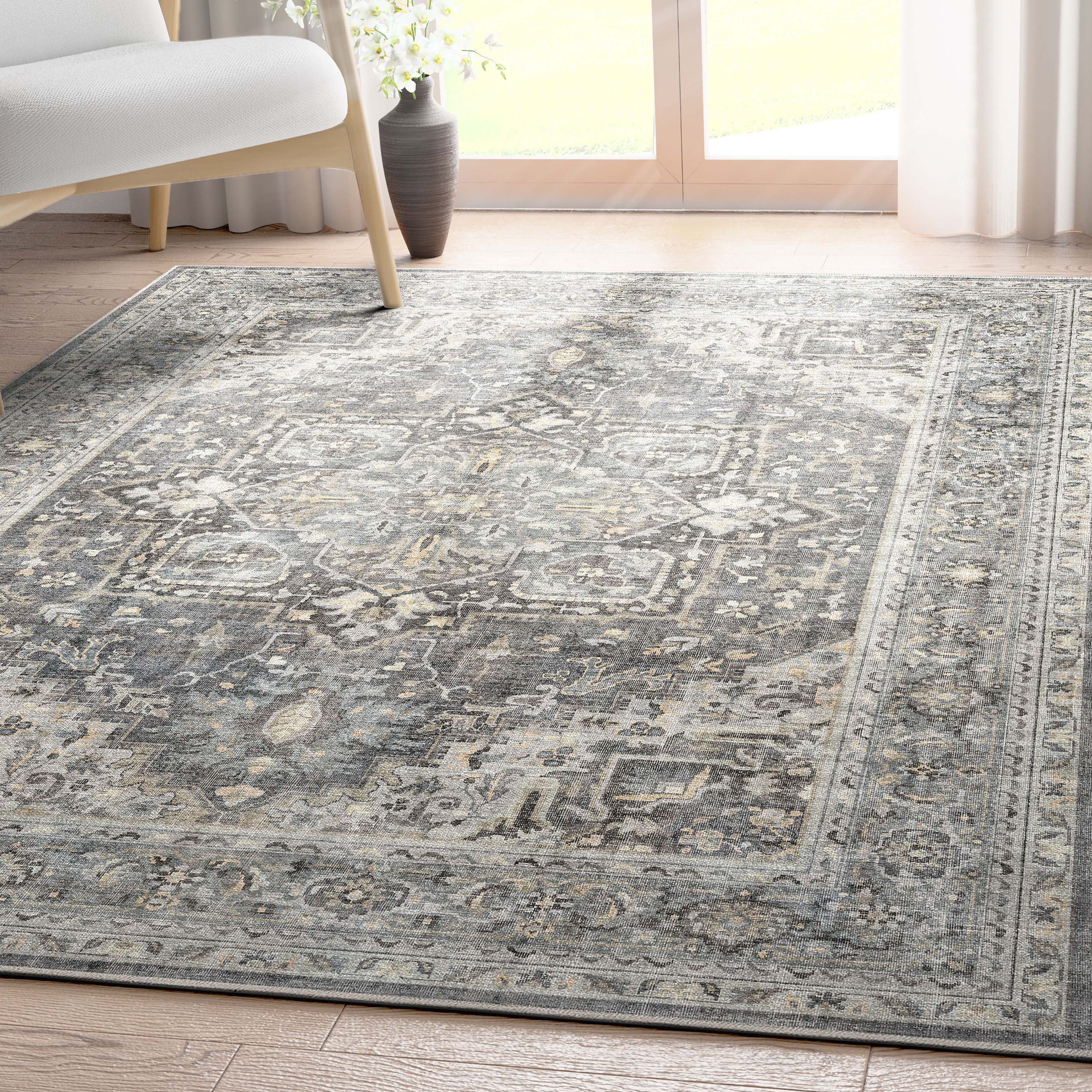 Well Woven Apollo Tirana Vintage Medallion Dark Grey Flat-Weave Easy to Clean 5'3" x 7'3" Area Rug
