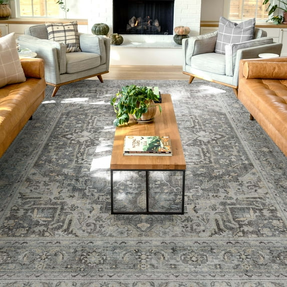 Well Woven Apollo Tirana Vintage Medallion Dark Grey Flat-Weave Easy to Clean 7'7" x 9'10" Area Rug