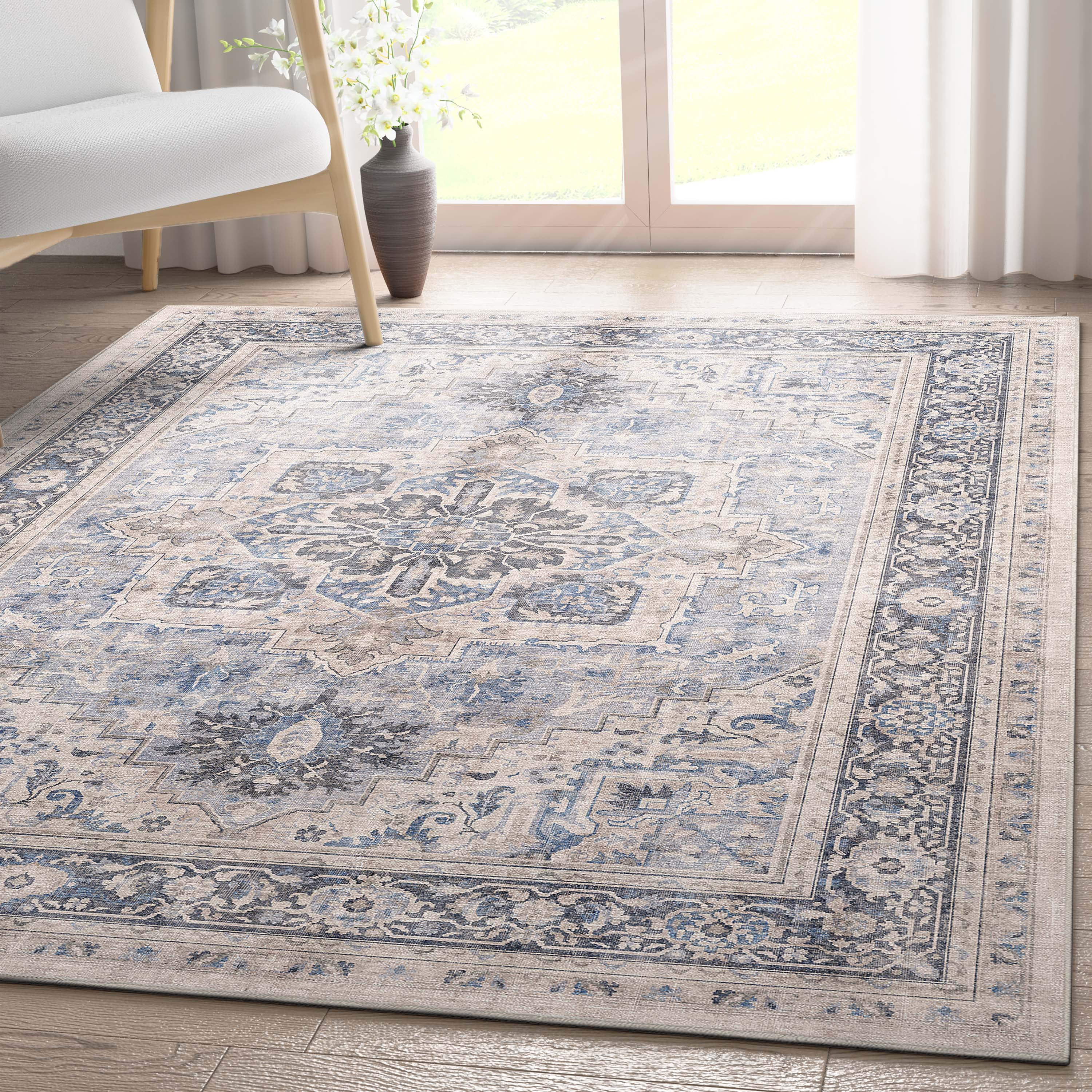 Blue Medallion Chenille Rectangular Washable Area Rug 3'3" x 5'