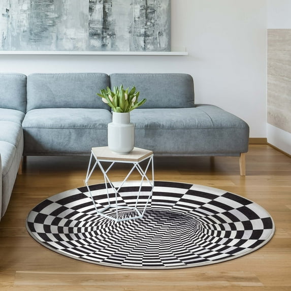 Well Woven Apollo Vortex Modern Checkered Black Ivory Printed Distressed Machine Washable 6'7" Round Rug