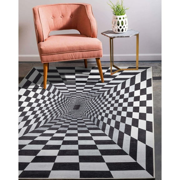 Well Woven Apollo Warp Hole Modern Checkered Black Ivory Printed Distressed Machine Washable 3'3" x 5' Area Rug