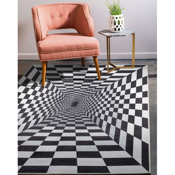 Well Woven Apollo Warp Hole Modern Checkered Black Ivory Printed Distressed Machine Washable 3'3" x 5' Area Rug
