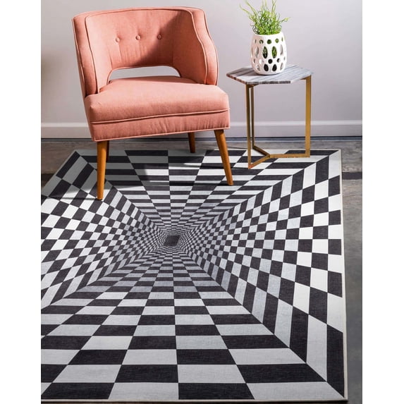 Well Woven Apollo Warp Hole Modern Checkered Black Ivory Printed Distressed Machine Washable 5' x 7' Area Rug