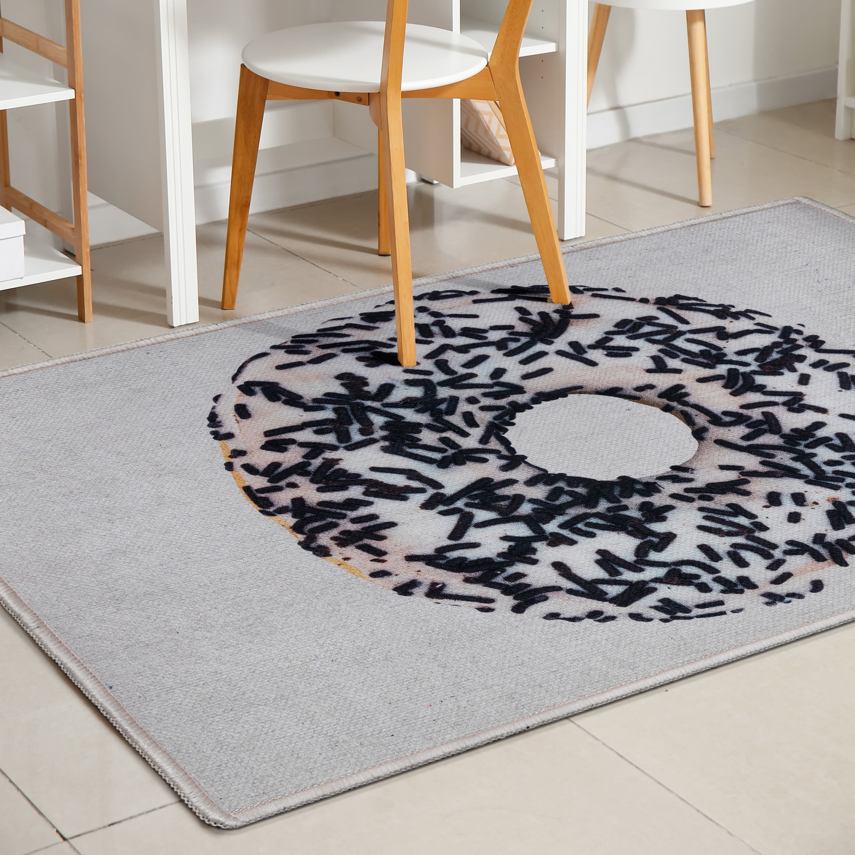 Apollo Ivory Black Sprinkles Donut Kids Polyester Chenille Area Rug