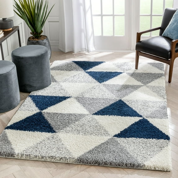 Well Woven Arden Reily Mid-Century Modern Geometric Triangle Pattern Blue 3'11" x 5'3" Shag Area Rug