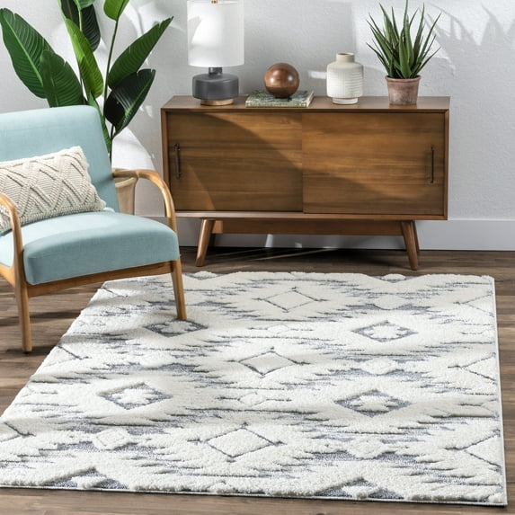 Well Woven Ares Modern Diamond Southwestern Soft Ivory Grey Area Rug - Ultra-Soft Yarn, Cut & Loop Pile - For Living Room, Office & Bedroom (3'11" x 5'3")