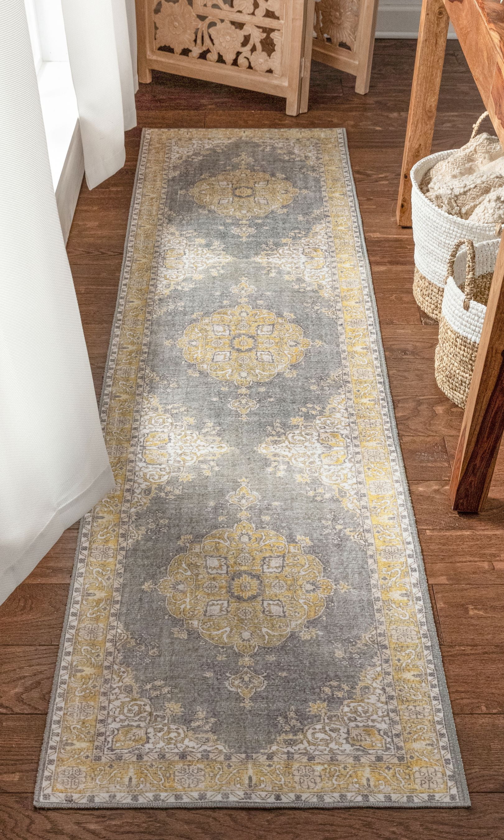 Well Woven Areva Machine Washable Yellow Vintage Oriental Medallion Flat Pile Runner Rug 2x7 (2