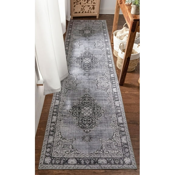 Well Woven Areva Washable Grey Vintage Oriental Medallion Runner Rug 2'6" x 9'10"