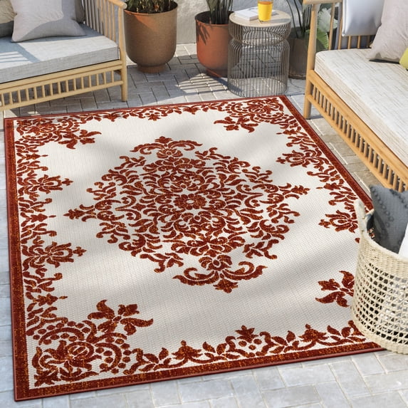 Well Woven Arid 3'11" x 5'3" Indoor/Outdoor High-Low Medallion Terracotta Area Rug